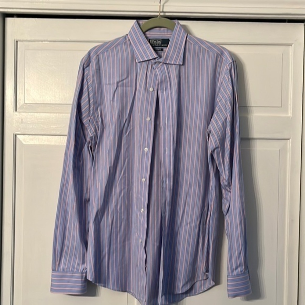 Mens polo blue orange striped button down 15.5 34/35